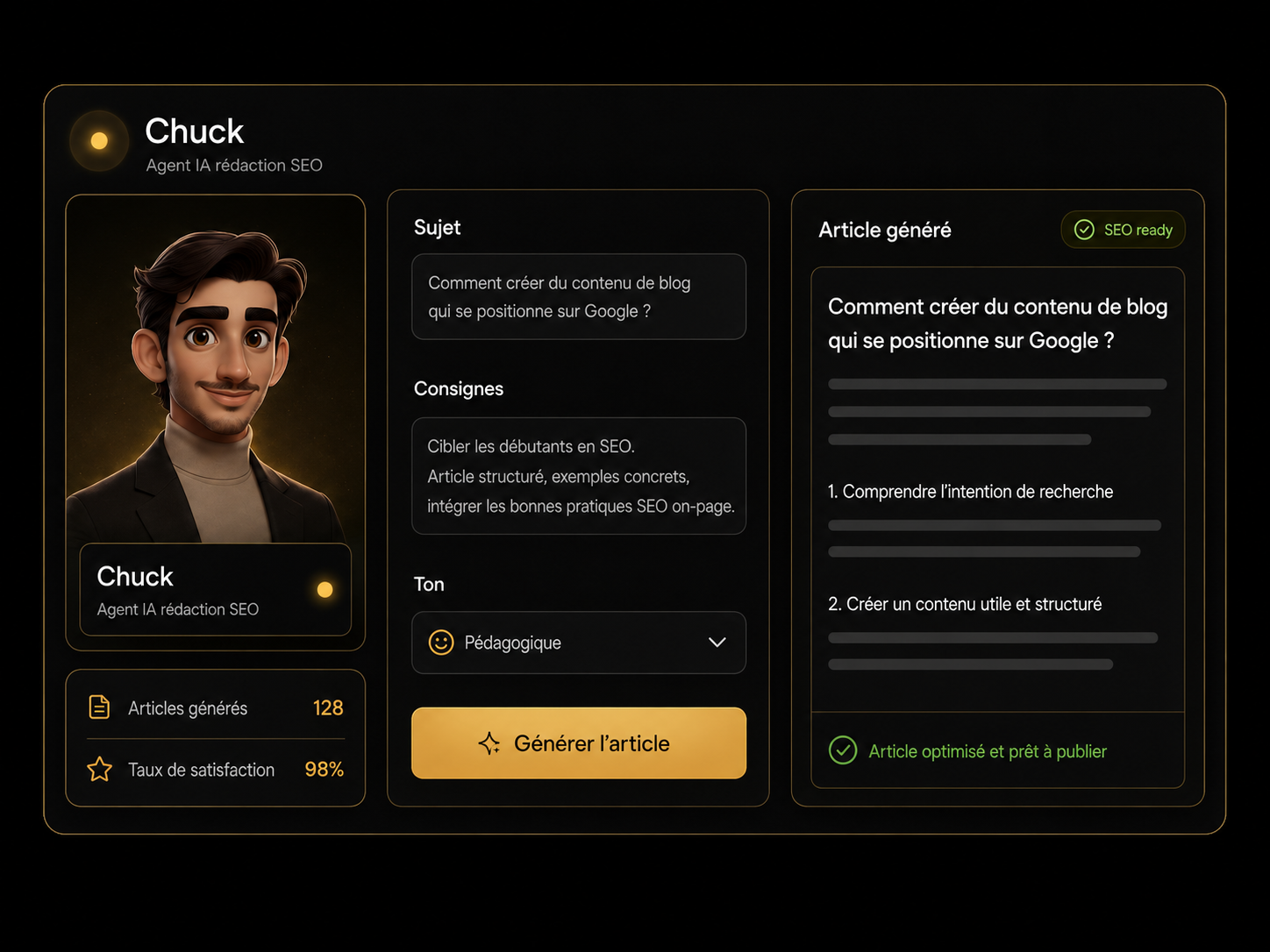 Interface Chuck agent IA rédaction SEO